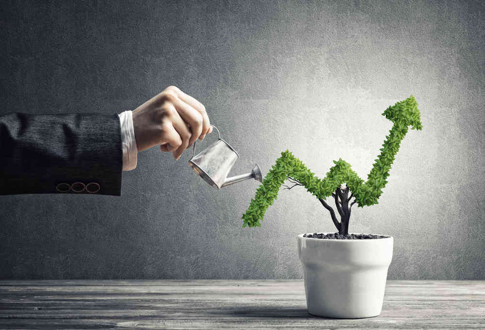 a hand watering a plant in a shape of a graph going up