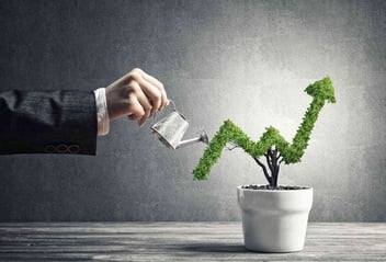 a hand watering a plant in a shape of a graph going up